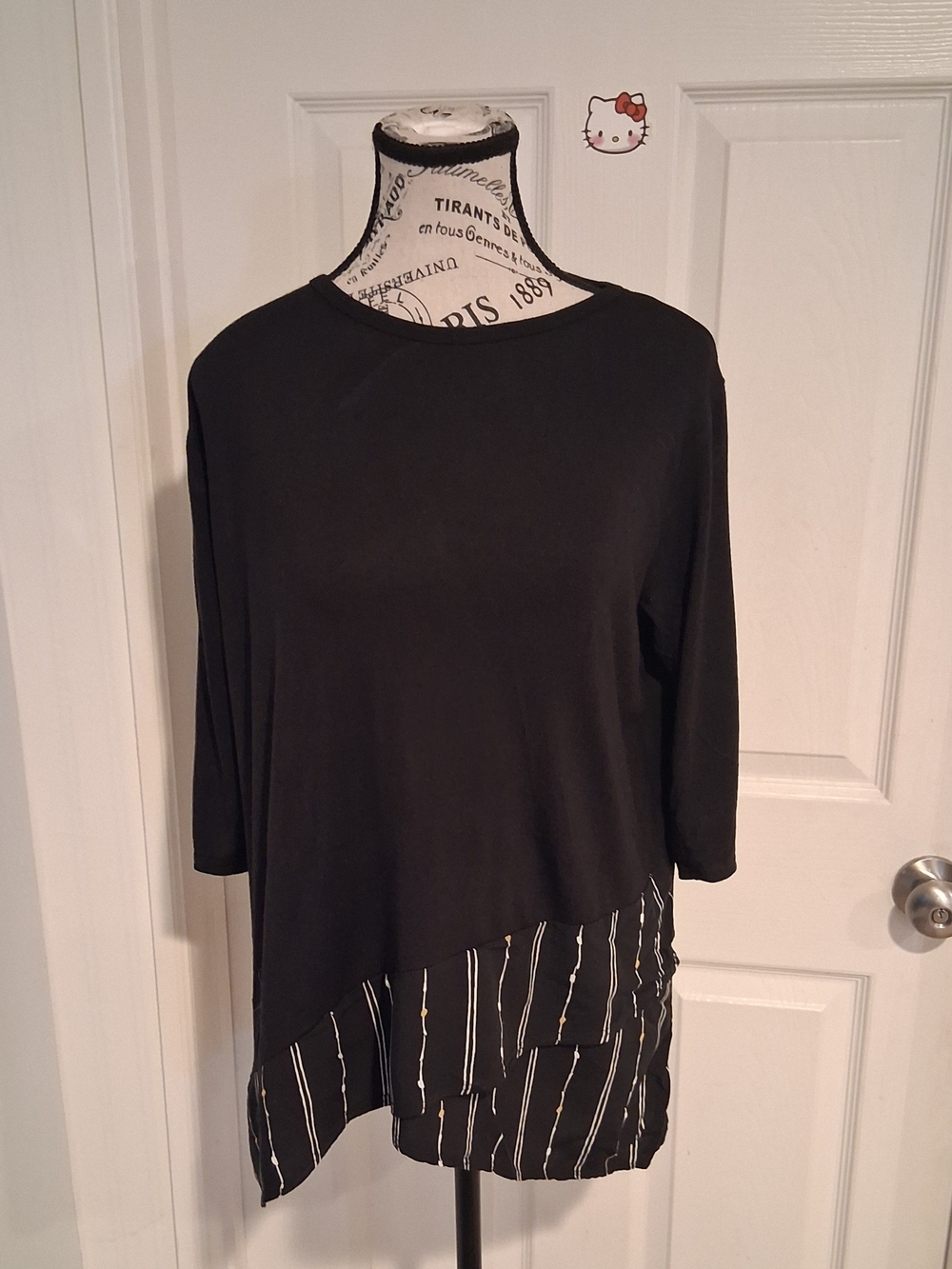 Cool Melon Womens Black Layered Tunic Top with Striped Hem XL